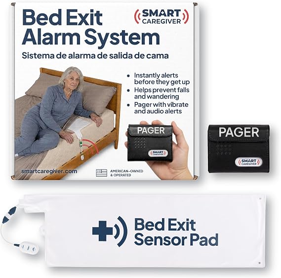 Smart Caregiver Bed Exit Alarm with Wireless Pager - Early Alert Fall Prevention for Seniors and Elderly - Weight Sensing Bed Pad Alerts Caregiver When They Get Up - USA Company and Customer Service