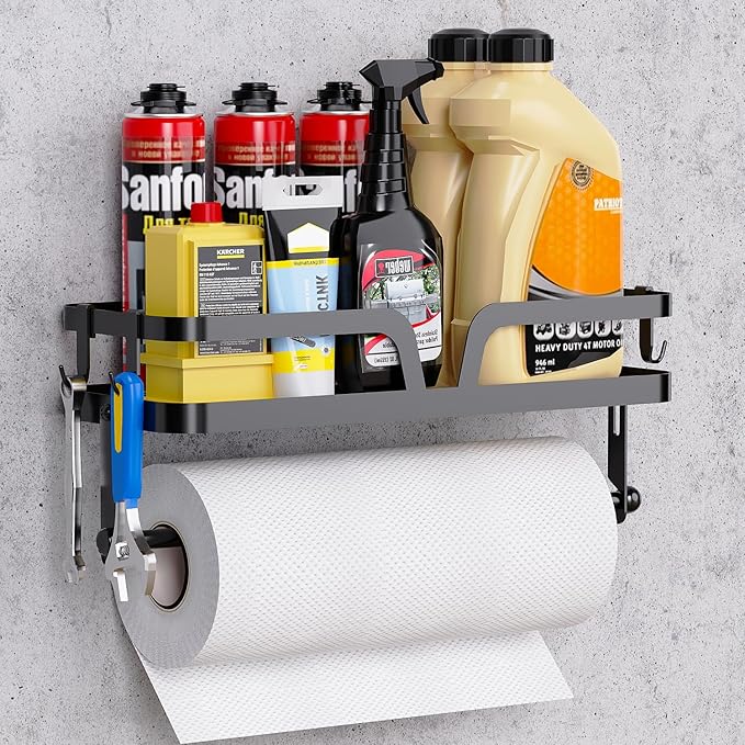 YIGII Wall Mounted Paper Towel Holder with Shelf, 2-in-1 Wall Mount Paper Towel Roll Holder, Adhesive Spice Rack with 4 Hooks for Kitchen, Garage and Tool Room, Black