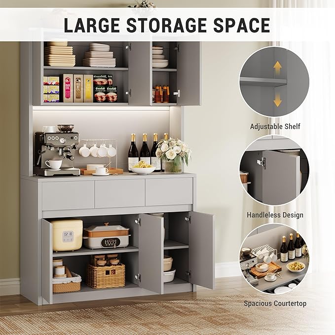 71" Tall Kitchen Pantry Cabinet, Adjustable Shelves & Doors and Three Drawers, Microwave Shelf, Coffee Bar with LED Lights & Charging Station, Corner Storage Hutch for Living Room, Gray