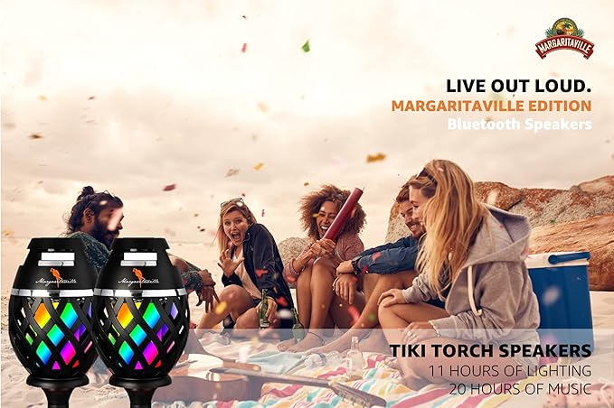 Margaritaville Tiki Torch - Waterproof Bluetooth Speaker, Portable Party Speaker with Multicolor LED Lights, Perfect for Travel, Parties, Yards, and Pools (2 Pack)