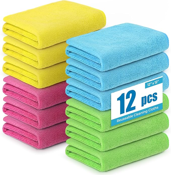 Microfiber Cleaning Cloths 12x12IN 12Pack Grey Lint Free Kitchen Cloths - Extra Thick, Streak-Free, Lint-Free, Fast Absorbent - Reusable Multi-Purpose Housekeeping Rags for Cars, Dishes, Floors, Tiles