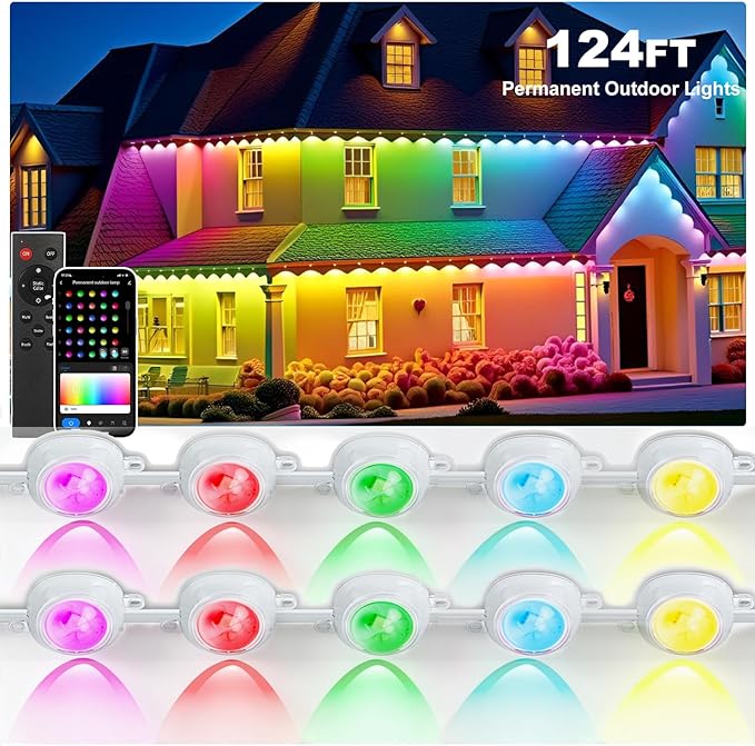 Permanent Outdoor Lights, 124 FT with 72 RGB LED for Daily and Accent Lighting, 63 Scenes and DIY Mode for Christmas, IP67 Waterproof, Compatible with Alexa, Google Assistant