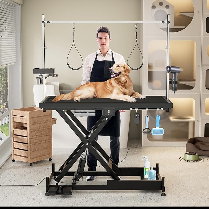 Upgrade Electric Pet Grooming Table Super Deluxe 50'' Heavy Duty Professional for Large Dogs with Overhead Arm, Anti-Skid Rubber Desktop Powerful Motor and Adjustable Height, Black