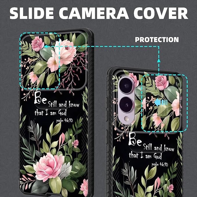 for Galaxy S25 Edge Case Built in Slide Camera Lens Cover,Heavy Duty Shockproof Protection Dual Layer Case for Samsung Galaxy S25 Edge 2025,Flower Bible Verse Psalm 46:10