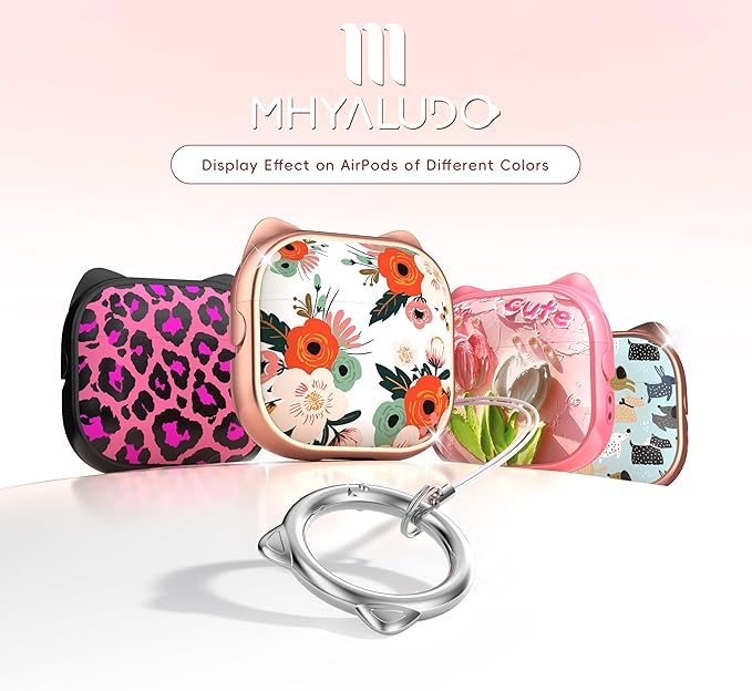 for AirPods 4 Case with Cleaning Kit, Cute Cat Ear Print Design & Cute Buckle, Inverted Phone Holder Design, Top Safe Lock Buckle Design, for Girls AirPods 4 case 2024, Rose Gold Flower