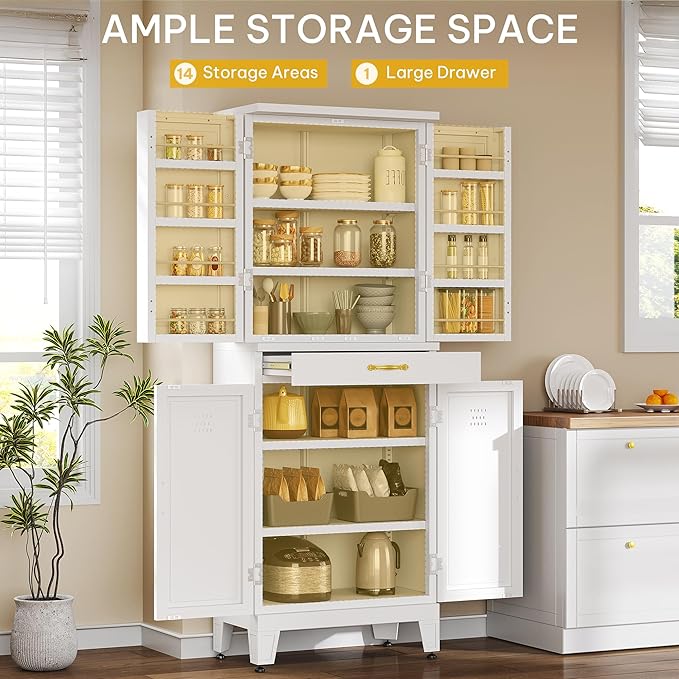DWVO Metal Storage Cabinet, 71" Kitchen Pantry Cabinet with 4 Door & 4 Adjustable Shelves & Drawer & Door Rack, 6-Tier Tall White Steel Cabinets for Kitchen, Living Room, Dining Room