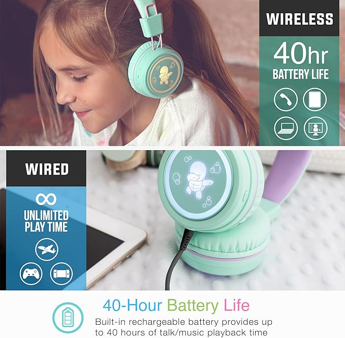 MEE audio KidJamz KJ55BT Personalized Bluetooth Wireless Safe Listening Headphones for Kids w/Custom LED-Backlit Design, Volume Limiter, Microphone; Kids Headset for School/iPhone/iPad/Tablet (Mint)