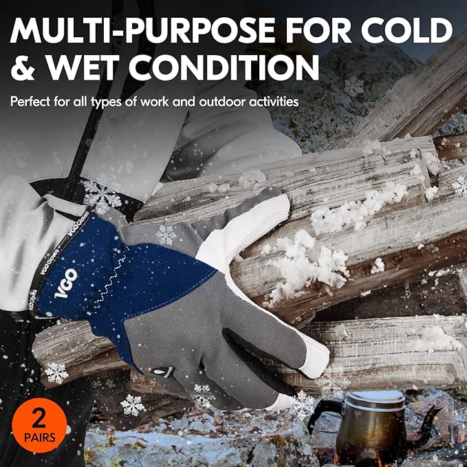 Vgo... 2Pairs 0℃/32°F Winter Leather Work Gloves, Cold Weather Waterproof Safety Work Gloves,Cold Storage or Freezer Use,w/3M Thinsulate Lining(Size XL, Gray, GA7711FW)