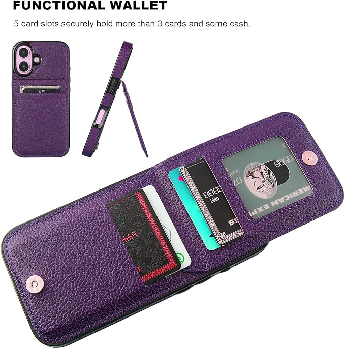 KIHUWEY Compatible with iPhone 16 Case Wallet with Credit Card Holder, Flip Premium Leather Magnetic Clasp Kickstand Heavy Duty Protective Cover for iPhone 16 6.1 Inch (Lichee Dark Purple)