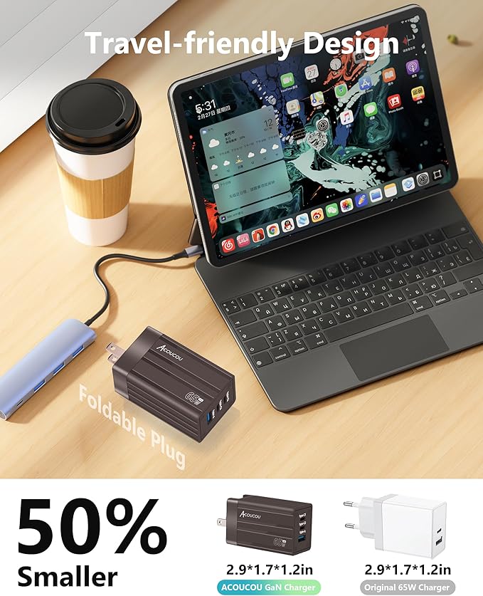 USB C Fast Charging Block，65W GaN Fast Charger 3-Port，Acoucou Adapter Type C Wall Chargers with Cable, for iPhone 17,16,15, iPad, MacBook, Galaxy S25, S24, S23, Tablet (Bronze)