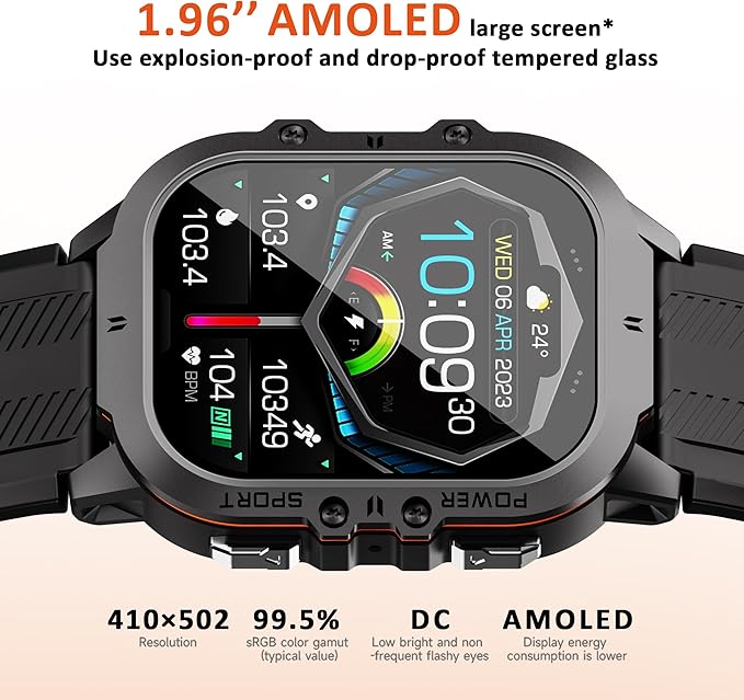 Smart Watches for Men, 1.96" HD AMOLED, Rugged Military (Answer/Calls/Dial) Fitness Tracker, Extra-Long Battery Life, AI Assistant/Sleep Monitor, 100+ Sport Modes, Black & Orange