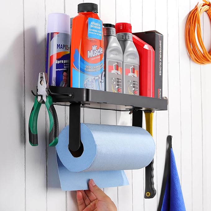 YIGII Garage Paper Towel Holder with Shelf - Wall Mount Papertowel Holder with 4 Hooks, Single-Hand Tear Paper Towel Rack Heavy Duty Tissue Holder for Clean Station, Craft Room, Workbench (Black)