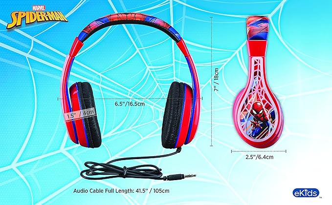 eKids Spiderman Kids Headphones, Adjustable Headband, Stereo Sound, 3.5Mm Jack, Wired Headphones for Kids, Earphones for School, Home or Travel