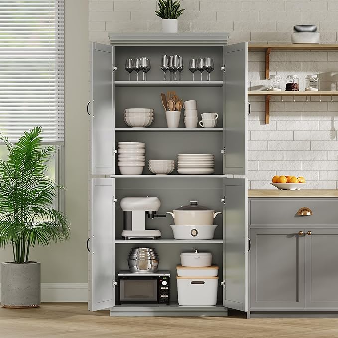 IDEALHOUSE Pantry Cabinet,70" Tall Kitchen Pantry Cabinet with Doors and Adjustable Shelves, Freestanding Cupboard, Tall Storage Cabinet for Bathroom, Dining Room, Living Room (Gray)