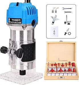 Elevon Wood Router, Laminate Milling Engraving Hand Machine Joiner Tool Electric Trimmer, 800W 110V Compact Palm Router, Woodworking Tools for Woodworking, Edge Guide and Roller Guide (26PCS)