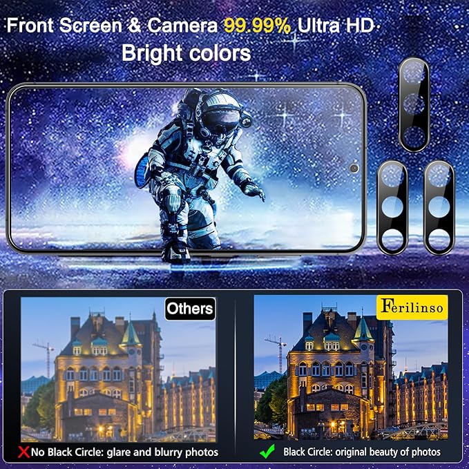 Ferilinso 3 Pack Screen Protector for Samsung Galaxy S24 Plus with 3 Pack Tempered Glass Camera Lens Protector Phone Case Friendly Accessories Protector de Pantalla for Samsung S24 Plus 6.7 INCH