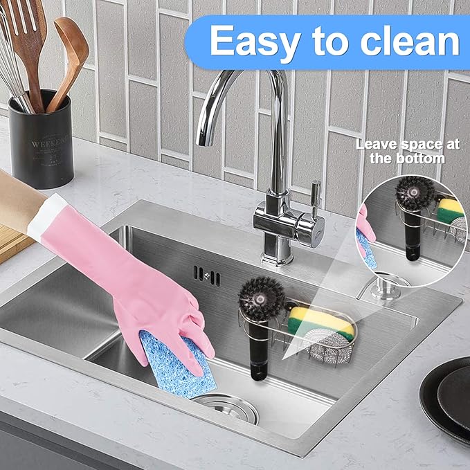 Sink Sponge Holder, Magnetic Kitchen Sink Caddy, 304 Stainless Steel Sink Brush Holder+Sponge Holder, Sink Drain Frame- Silver (Traceless suction cup)