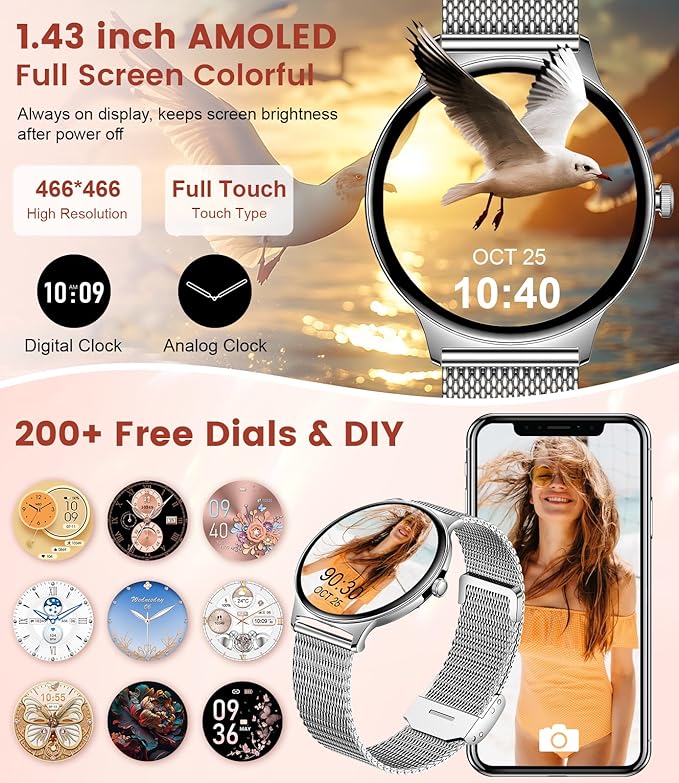 LIGE Fitness Smart Watch (Answer/Make Call), 1.43" AMOLED Waterproof Smart Watches for Women with 120+Sports Modes/Heart Rate Monitor/Sleep Tracker, Watches for Women for Android iOS