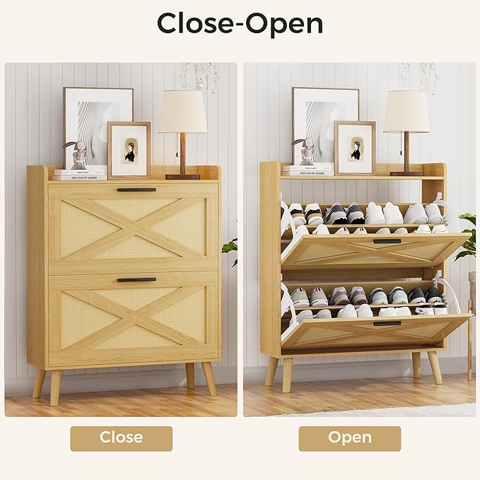 32" W Farmhouse Shoe Storage Cabinet with 2 Flip Drawers and Barn Door Design, Adjustable Shelves, Hidden Slim Narrow Shoe Rack Cabinet for Entryway, Foyer, Hallway, Living Room, Natural