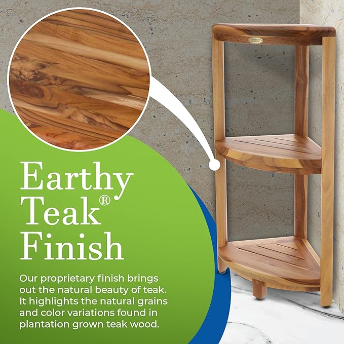 EcoDecors SnazzyCorner Natural Teak Corner Shower 3 Tier Shelf – Bathroom Organizer | Natural Wood Colors | Waterproof Teak Shower Caddy | Bathroom Storage & Organization | 33 Inches Tall