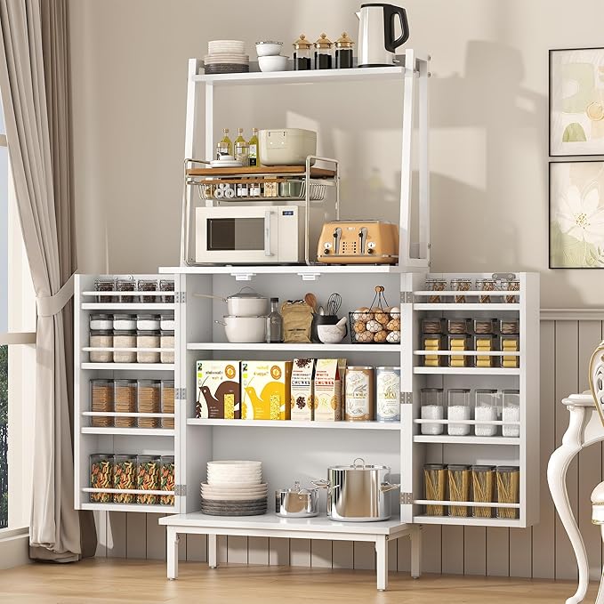 51" Pantry Cabinet, Kitchen Pantry Storage Cabinet with, Storage Shelves, Modern Kitchen Hutch with Microwave Stand, Adjustable Shelves, Food Pantry Cabinet for Dining Room (White)