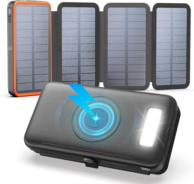FEELLE Solar Charger Power Bank, 27000mAh Wireless Portable Charger with 4 Solar Panels, 22.5W Fast Charging External Battery Pack USB-C in/Output PD+QC 4.0 Portable Power Bank for Smartphone