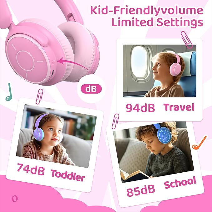 MIDOLA Kids Headphones Bluetooth 5.4 Wireless Volume Limited 85/94dB Hearing Protection Over Ear,68 Hours Playtime Foldable with Cable Aux Wired Built-in Mic for Toddler Child Travel School Pink