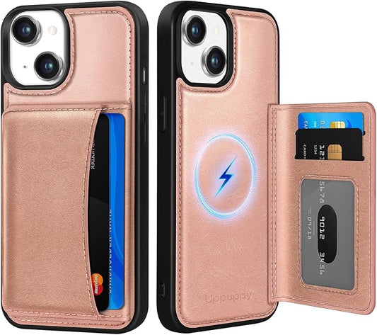 for iPhone 14/13 Case with Wallet - Fits 4 Card Slots, Compatible with MagSafe for Women Aesthetic Durable PU Leather Credit Card Holder Kickstand Phone Cover for Apple 14/13, Rose Gold