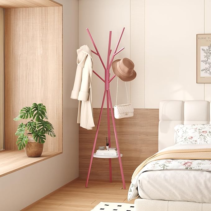 HOME BI Coat Rack Hat Stand Free Standing Display Hall Tree Metal Hat Hanger Garment Storage Holder with 9 Hooks for Clothes Hats and Scarves (Pink)