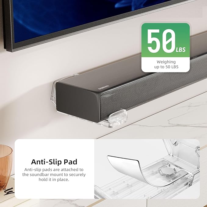 ELETIUO Soundbar Wall Mount Bracket,Depth Adjustable 3.8-6.5 inch,Universal Sound Bar Mount Under TV for Samsung, Sony, LG, Vizio, Bose, JBL, Sonos, Holds up to 50 lbs,Transparent