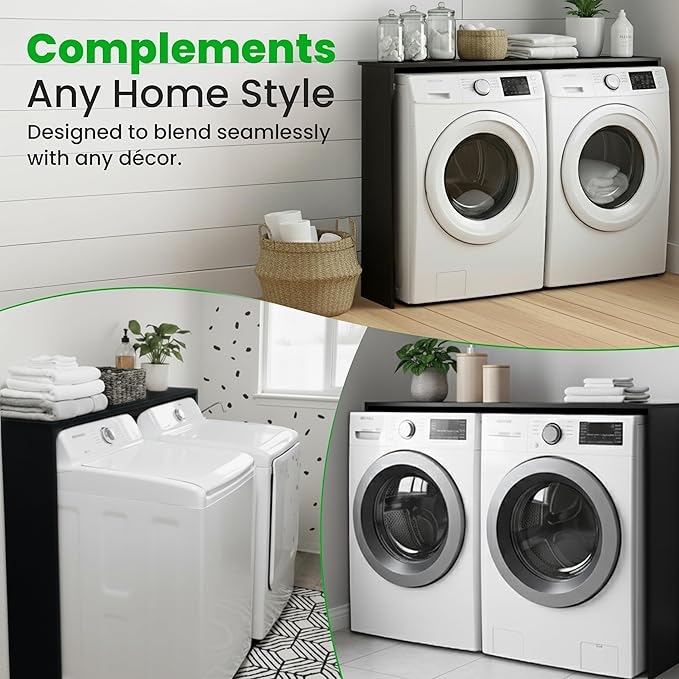 Over Washer and Dryer Shelf - Engineered Wood Laundry Room Organizer with Side Panels - Utility Topper for Storage, Folding Surface, Laundry Supplies, Detergent and Décor