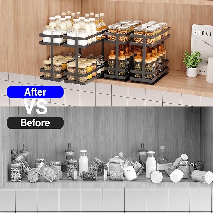 Pull Out Spice Rack Organizer for Cabinet, 1 Pack Metal Seasoning Organizer Slide Out Spice Storage Shelf No Assembly Vertical Spice Rack Pullout for Kitchen Cabinets(2 Tier, Matte Black)