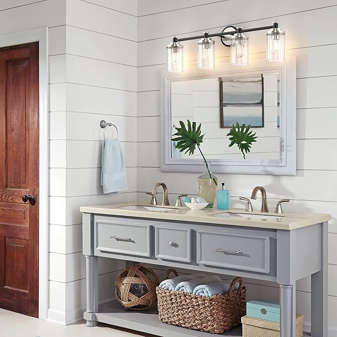 Bathroom Lighting Fixtures Black and Brushed Nickel Bathroom Vanity Light with Cylindrical Clear Stripes Glass Lampshade E26 Socket Base Bathroom Lighting Fixtures Over Mirror (4 Lights)