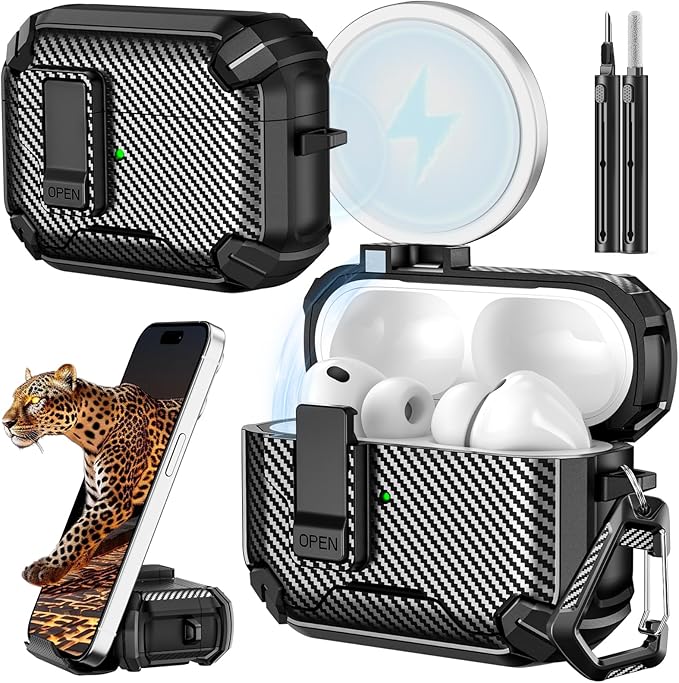 Inesore for AirPods Pro 3 Case (2025) with Phone Stand & Cleaning Kit,Compatible with Magsafe,Magnetic Automatic Lock Cover for AirPods Pro 3rd Generation