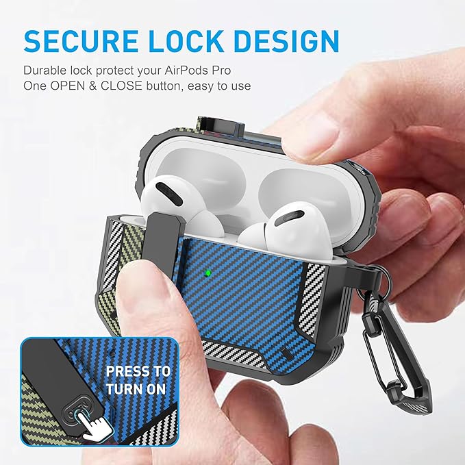 Maxjoy for AirPods Pro Case Cover with Lock, AirPods Pro 1st Generation Case for Men Military Rugged Protective Cover with Keychain Compatible with Apple AirPod Pros 2019 Front LED, Carbon Fiber Blue