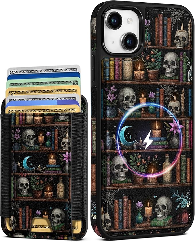 Shorogyt for iPhone 15 Wallet Case - Fits 5 Cards, Compatible with Magsafe Detachable Magnetic Credit Card Holder Leather Cardholder Cute Phone Cover Women Girls for Apple 15, Bookshelf