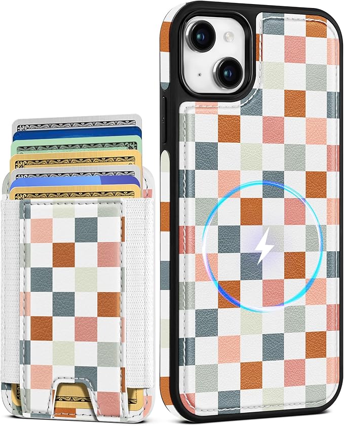 Shorogyt for iPhone 15 Wallet Case - Fits 5 Cards, Compatible with Magsafe Detachable Magnetic Credit Card Holder Leather Cardholder Cute Phone Cover Women Girls for Apple 15, Checkered