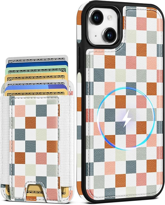 Shorogyt for iPhone 14 Wallet Case - Fits 5 Cards, Compatible with Magsafe Detachable Magnetic Credit Card Holder Leather Cardholder Cute Phone Cover Women Girls for Apple 14, Checkered