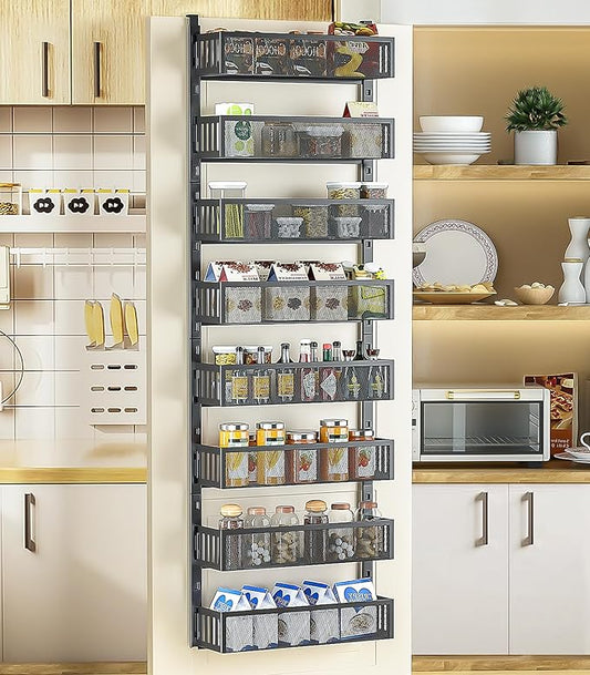 8-Tier Over The Door Pantry Organizer with Mesh Baskets, Adjustable & Stable Hanging Spice Rack for Kitchen, Bathroom, Bedroom, and Baby Essentials Storage (16" W 8-Tiers, Black)