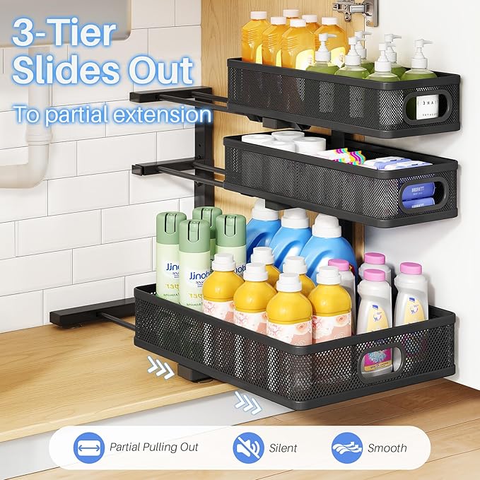 HERJOY Under Sink Organizer, 1-Pack 3-Tier Height Adjustable Thickened Metal Pull out Cabinet Organizer Shelf, Slide out Storage Drawer Rack for Bathroom Kitchen Pantry Home Laundry Organization