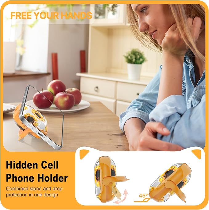 RFUNGUANGO AirPods 4 Case for Women Girly Cat Case with Lock, Phone Stand, Keychain & Cleaner Kit, Compatible with Apple Airpods 4th Generation Case Cover, Transparent Sunflower