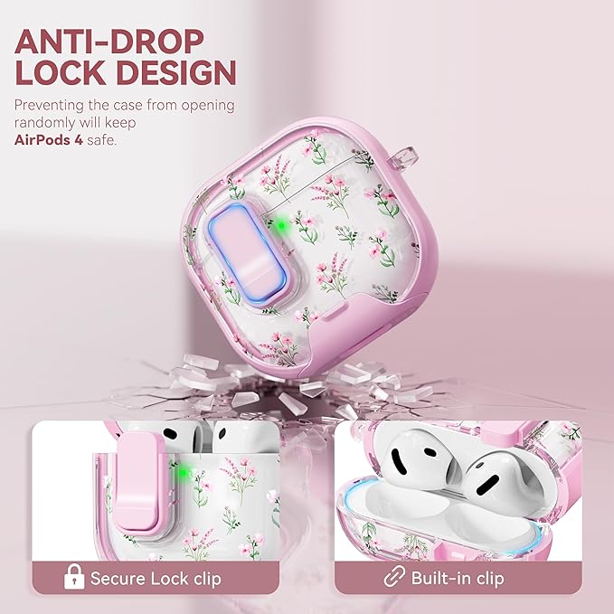 with Safety Lock for Apple AirPods 4 Case,Clear Floral Cute AirPod 4th Generation Case with Phone Stand & Cleaning Kit for Women Girly-Pink Narcissus