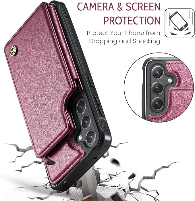 Bemal for Samsung Galaxy S23 FE Wallet Case with Card Holder, RFID Blocking, Shockproof Leather Kickstand for Men and Women, Durable Protective Phone Cover for 6.4", Wine Red