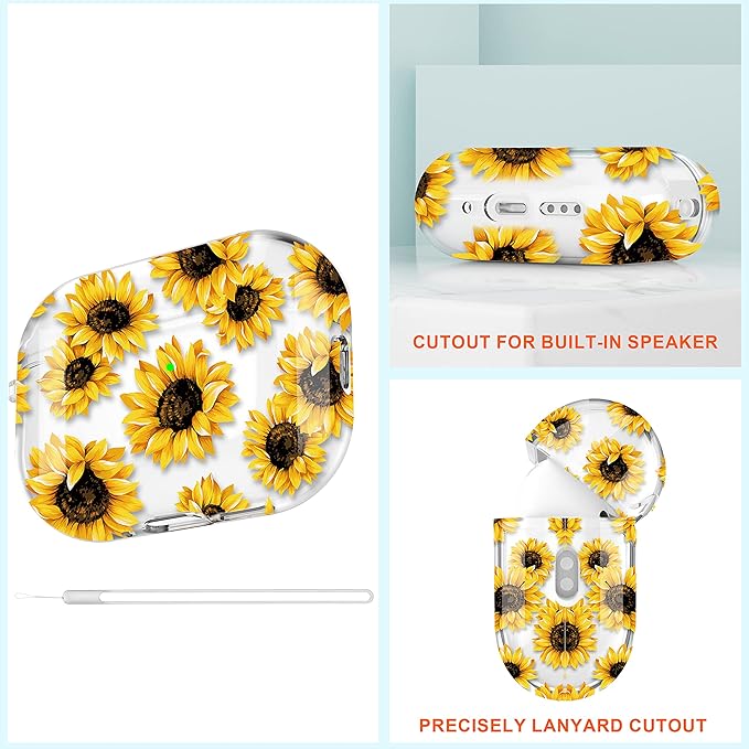 Maxjoy for AirPods Pro 2nd Generation Case, Clear AirPods Pro 2 Case for Women Men Cute Protective AirPod Pro 2 Cover with Keychain Strap for AirPod Pro 2nd Gen Cover 2023/2022, Sunflower
