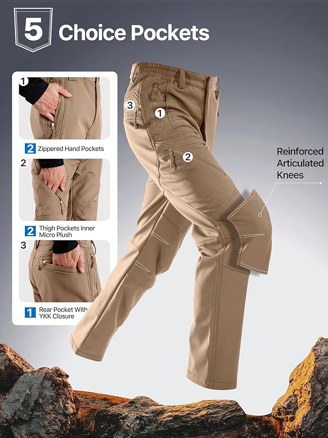 FREE SOLDIER Men's Fleece Lined Outdoor Cargo Hiking Pants Water Repellent Softshell Snow Ski Pants with Zipper Pockets