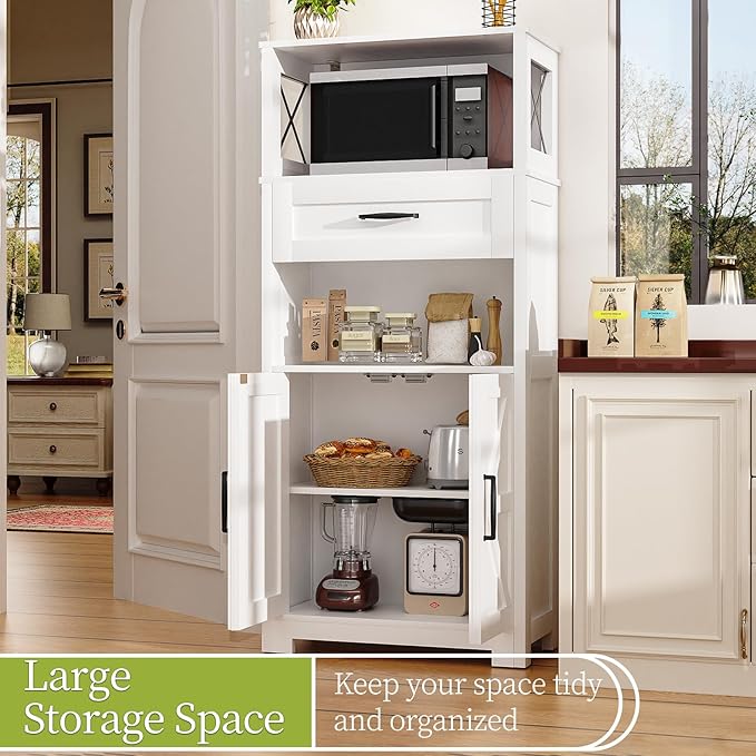 55" Tall Kitchen Pantry Cabient with 2 Microwave Stands, Farmhouse Pantry Storage Cabinet with Barn Doors and Large Drawer, Rustic Freestanding Cupboard for Kitchen and Dining Room (White)