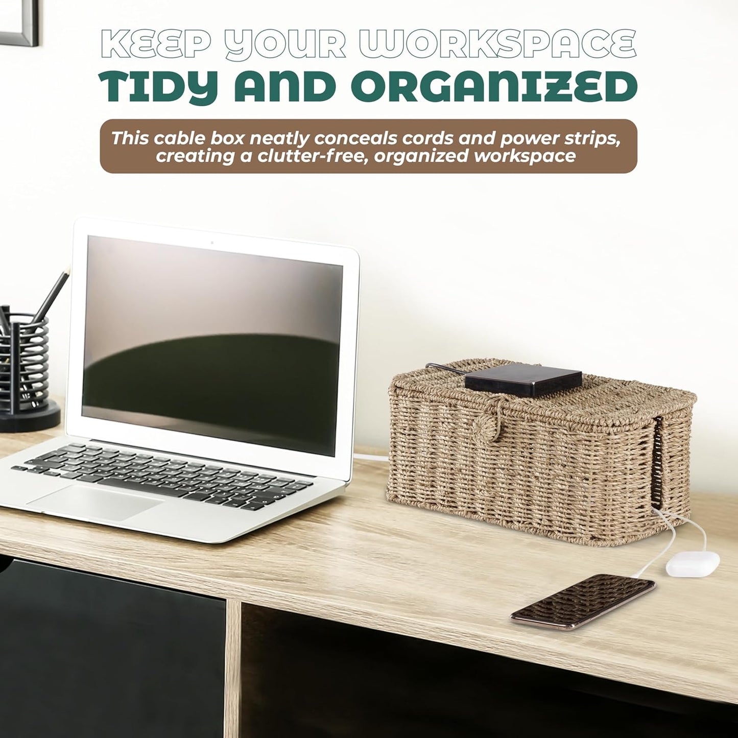 Natural Rattan Cable Management Box Set – 2 Sizes, Cord Hider for Power Strip, TV & Desk | Techloop Living