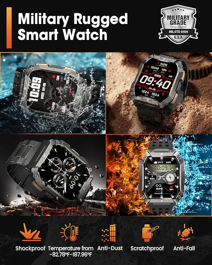 Smart Watches for Men, 1.95'' Fitness Watch: Military Smart Watch with 100 Days Battery Life/Call/Flashlight, Waterproof Sport Smartwatch for Android iPhone Sleep/SpO2/Heart Rate Monitor/Step Tracker