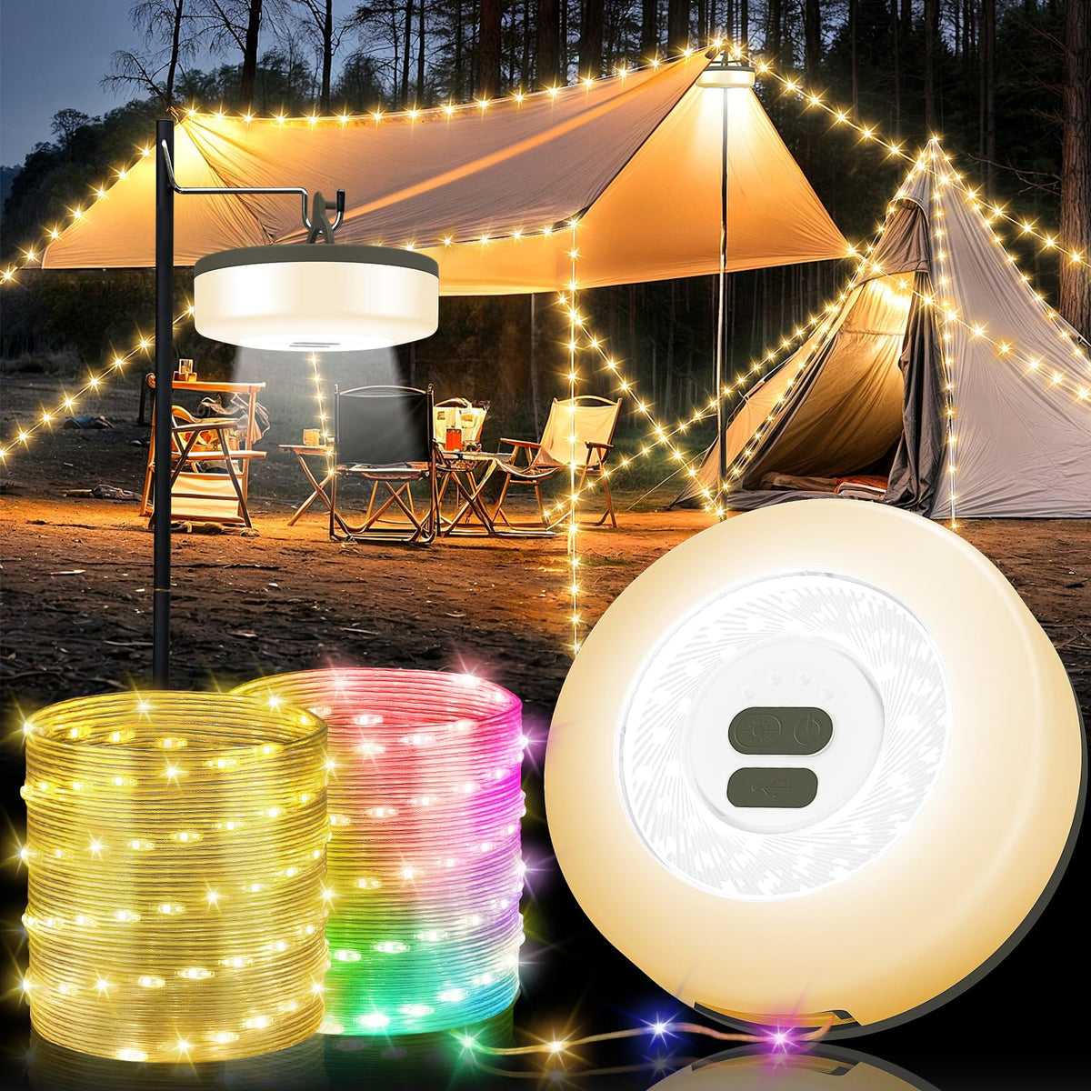 Camping String Lights, 4 in 1 Quick Storage 32.8FT 9 Modes Portable