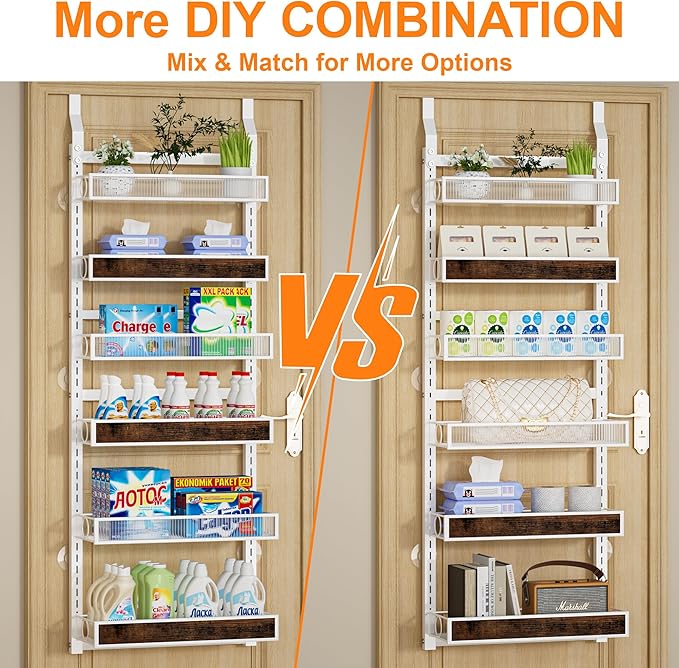 6 Tier Over the Door Pantry Organizer 2 IN 1 Hanging or Wall Mounted Spice Rack with Adjustable Basket,Heavy Duty Seasonning Storage Shelf for Kitchen Pantry and Bathroom
